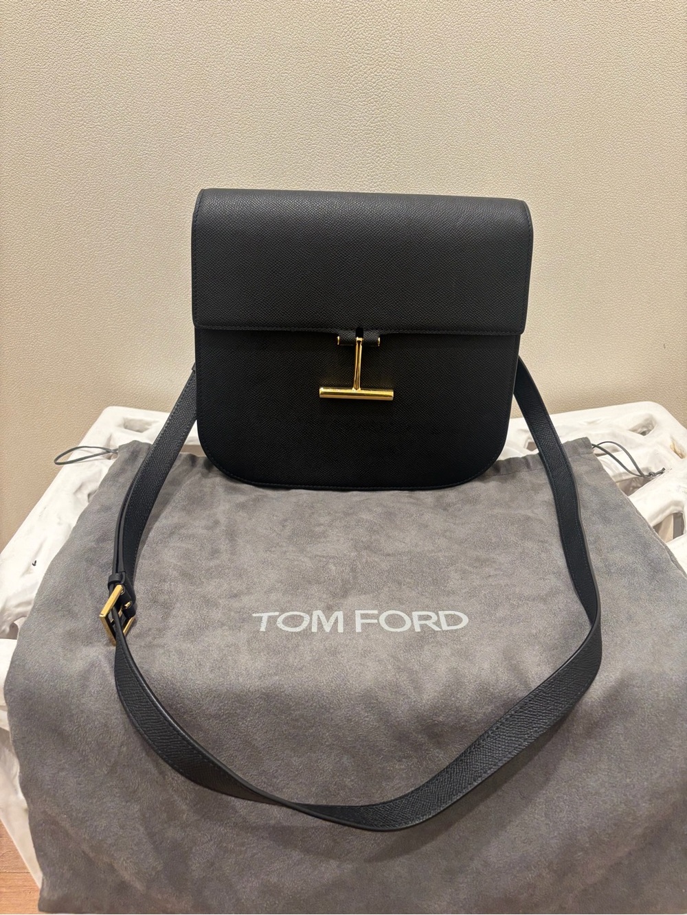 Tom Ford Black Leather Crossbody with Gold T-Bar Accent